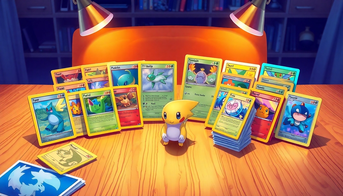 Explore an exquisite collection of Pokemon cards India, showcasing rare and holographic cards on a wooden table.
